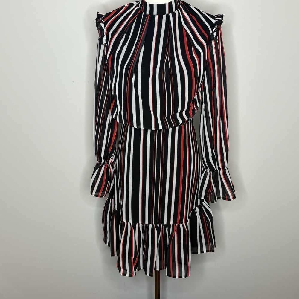 Area Stars Striped Long Sleeve Ruffle Mini Dress XS Black White Red